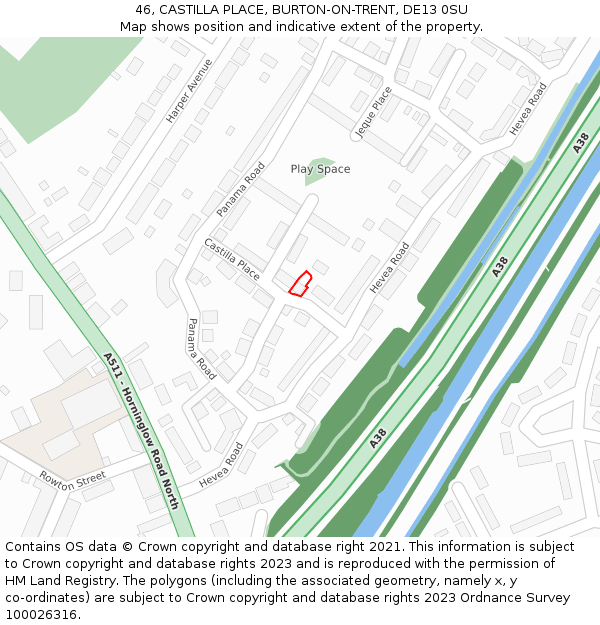 46, CASTILLA PLACE, BURTON-ON-TRENT, DE13 0SU: Location map and indicative extent of plot
