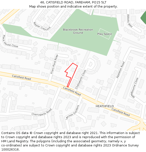 46, CATISFIELD ROAD, FAREHAM, PO15 5LT: Location map and indicative extent of plot