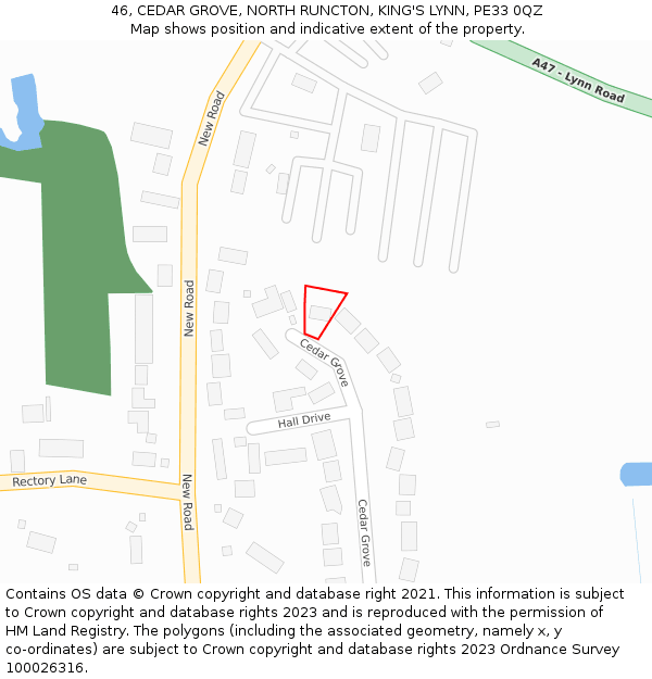 46, CEDAR GROVE, NORTH RUNCTON, KING'S LYNN, PE33 0QZ: Location map and indicative extent of plot