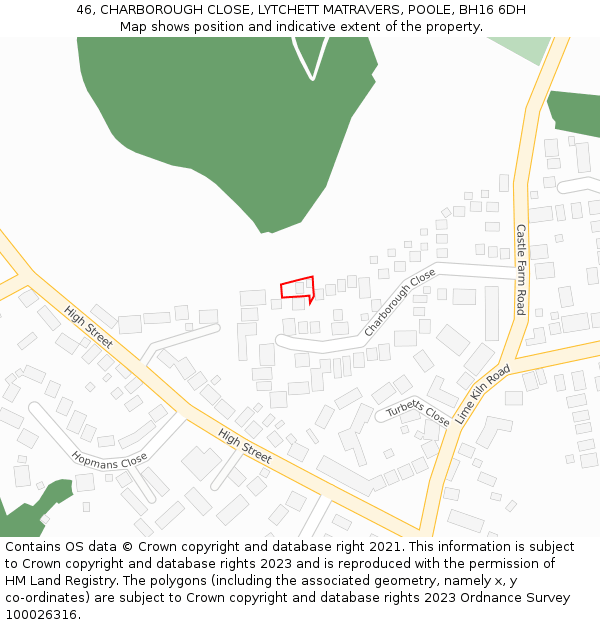 46, CHARBOROUGH CLOSE, LYTCHETT MATRAVERS, POOLE, BH16 6DH: Location map and indicative extent of plot