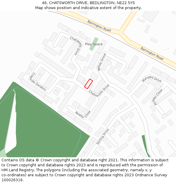 46, CHATSWORTH DRIVE, BEDLINGTON, NE22 5YS: Location map and indicative extent of plot