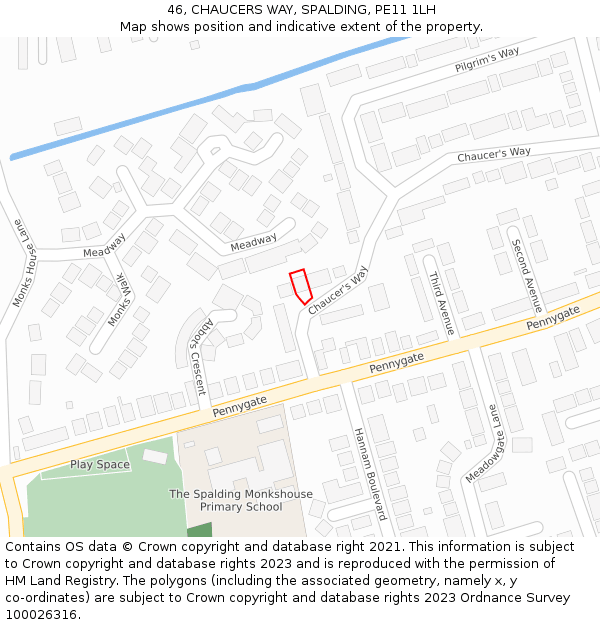 46, CHAUCERS WAY, SPALDING, PE11 1LH: Location map and indicative extent of plot