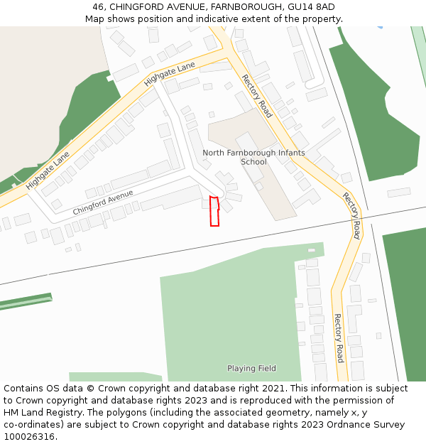 46, CHINGFORD AVENUE, FARNBOROUGH, GU14 8AD: Location map and indicative extent of plot