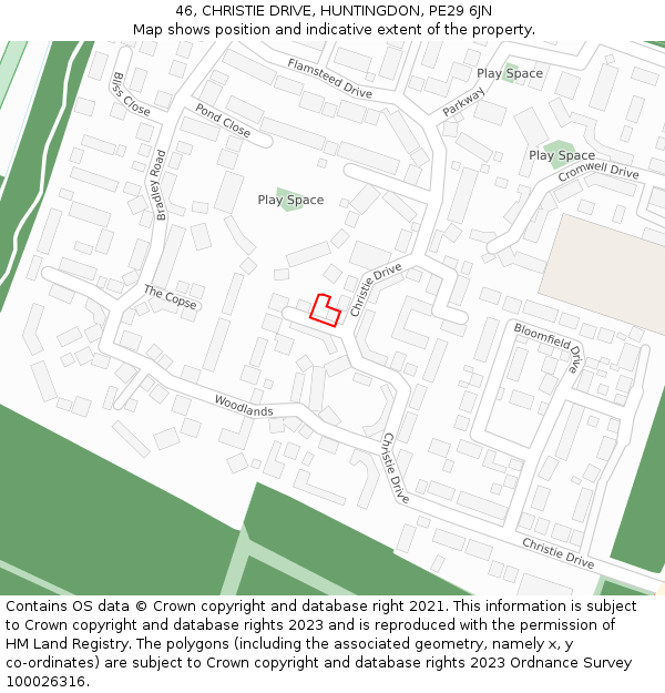 46, CHRISTIE DRIVE, HUNTINGDON, PE29 6JN: Location map and indicative extent of plot