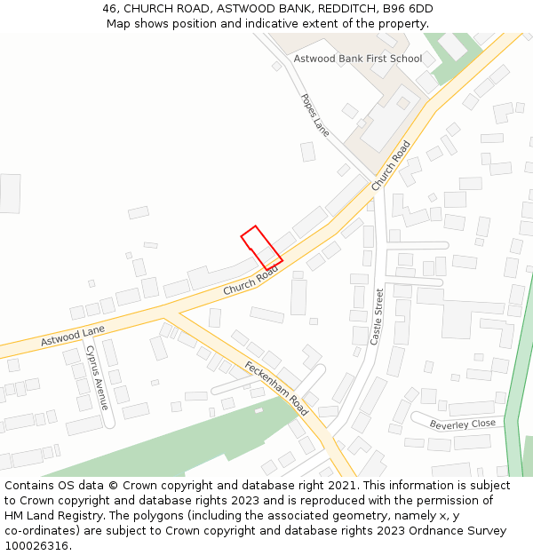 46, CHURCH ROAD, ASTWOOD BANK, REDDITCH, B96 6DD: Location map and indicative extent of plot