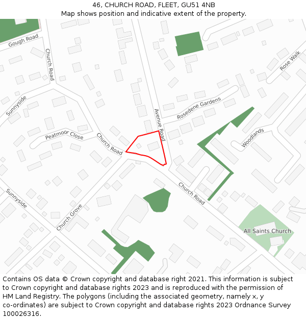 46, CHURCH ROAD, FLEET, GU51 4NB: Location map and indicative extent of plot