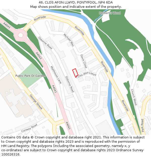 46, CLOS AFON LLWYD, PONTYPOOL, NP4 6DA: Location map and indicative extent of plot