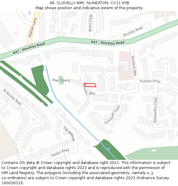 46, CLOVELLY WAY, NUNEATON, CV11 6YB: Location map and indicative extent of plot