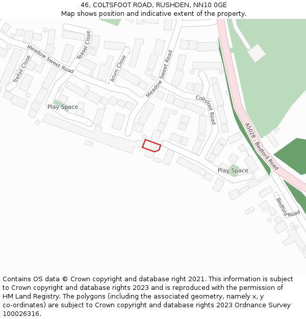 46, COLTSFOOT ROAD, RUSHDEN, NN10 0GE: Location map and indicative extent of plot