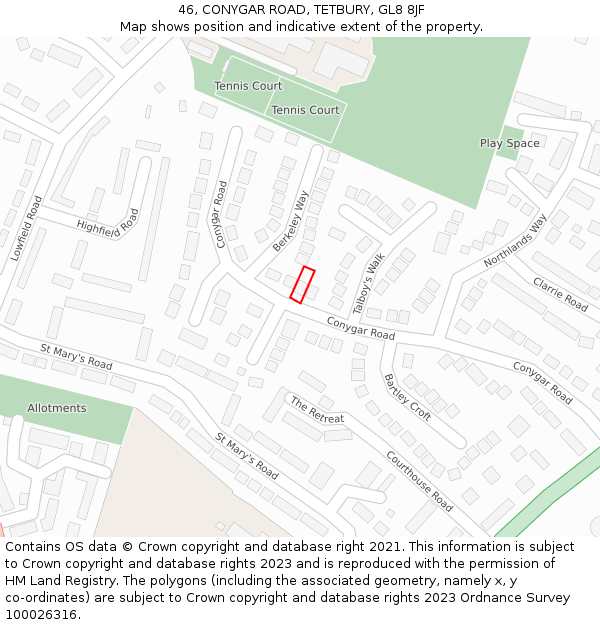 46, CONYGAR ROAD, TETBURY, GL8 8JF: Location map and indicative extent of plot