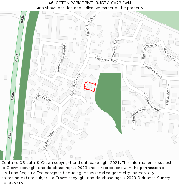 46, COTON PARK DRIVE, RUGBY, CV23 0WN: Location map and indicative extent of plot