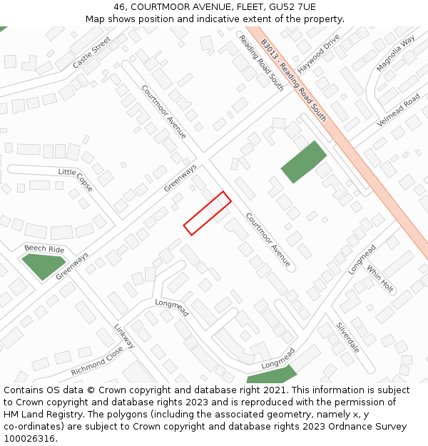 46, COURTMOOR AVENUE, FLEET, GU52 7UE: Location map and indicative extent of plot