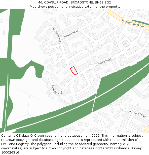 46, COWSLIP ROAD, BROADSTONE, BH18 9QZ: Location map and indicative extent of plot
