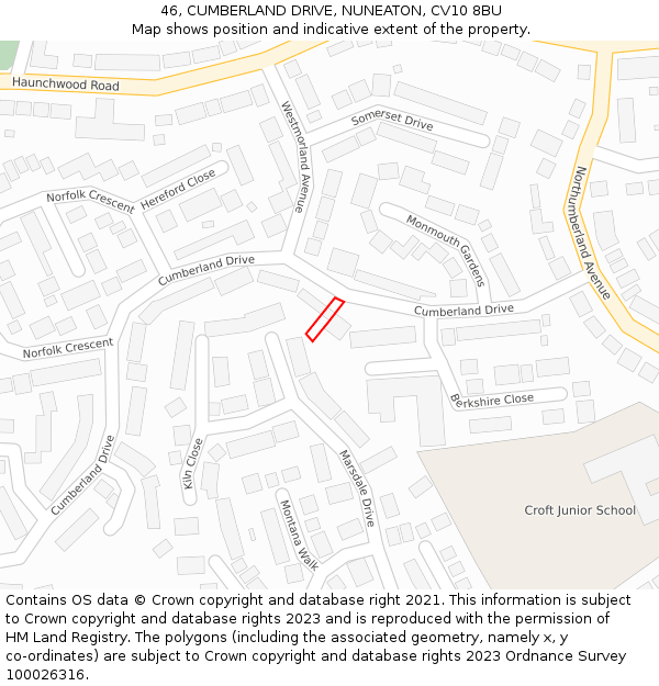 46, CUMBERLAND DRIVE, NUNEATON, CV10 8BU: Location map and indicative extent of plot