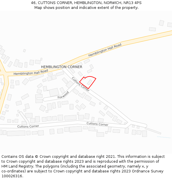 46, CUTTONS CORNER, HEMBLINGTON, NORWICH, NR13 4PS: Location map and indicative extent of plot