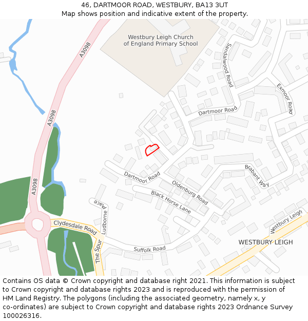 46, DARTMOOR ROAD, WESTBURY, BA13 3UT: Location map and indicative extent of plot