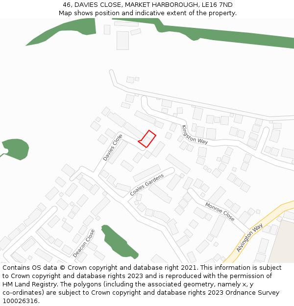 46, DAVIES CLOSE, MARKET HARBOROUGH, LE16 7ND: Location map and indicative extent of plot