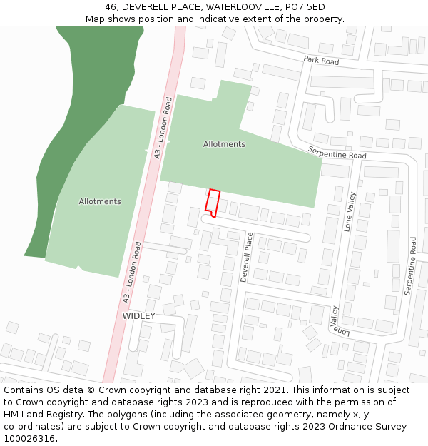 46, DEVERELL PLACE, WATERLOOVILLE, PO7 5ED: Location map and indicative extent of plot