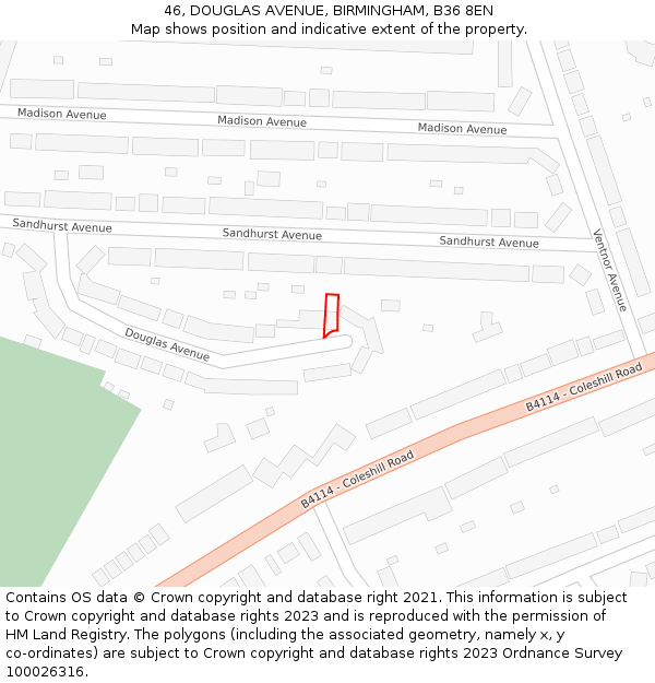 46, DOUGLAS AVENUE, BIRMINGHAM, B36 8EN: Location map and indicative extent of plot