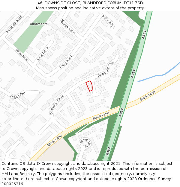 46, DOWNSIDE CLOSE, BLANDFORD FORUM, DT11 7SD: Location map and indicative extent of plot