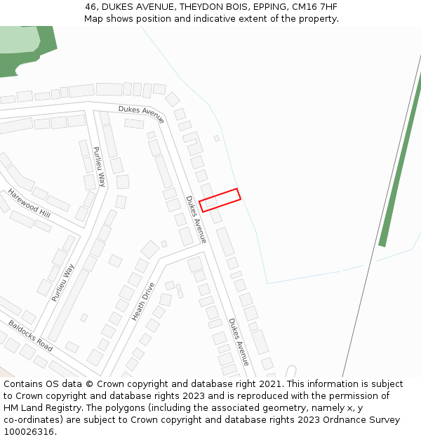 46, DUKES AVENUE, THEYDON BOIS, EPPING, CM16 7HF: Location map and indicative extent of plot