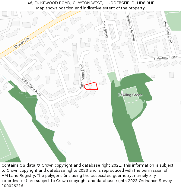46, DUKEWOOD ROAD, CLAYTON WEST, HUDDERSFIELD, HD8 9HF: Location map and indicative extent of plot