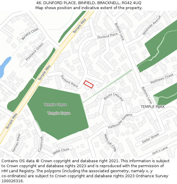46, DUNFORD PLACE, BINFIELD, BRACKNELL, RG42 4UQ: Location map and indicative extent of plot