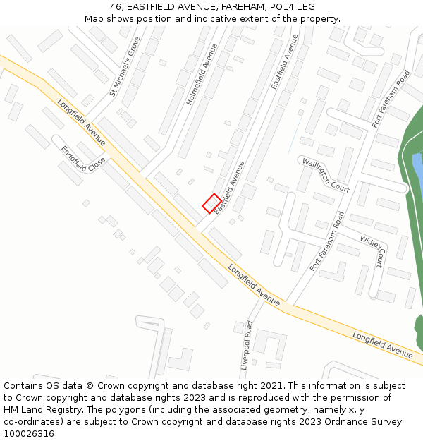 46, EASTFIELD AVENUE, FAREHAM, PO14 1EG: Location map and indicative extent of plot