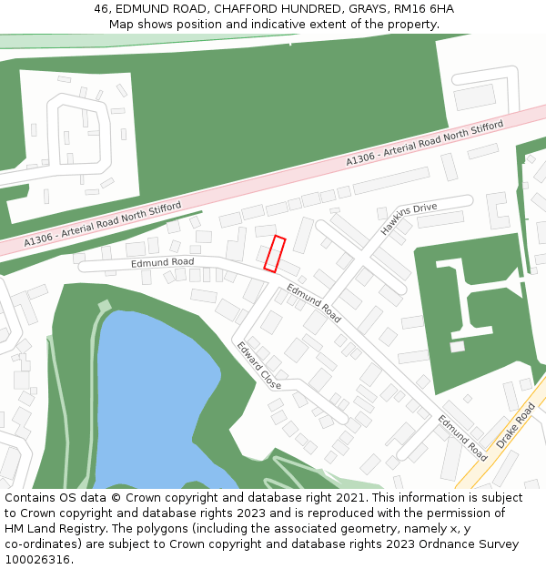 46, EDMUND ROAD, CHAFFORD HUNDRED, GRAYS, RM16 6HA: Location map and indicative extent of plot