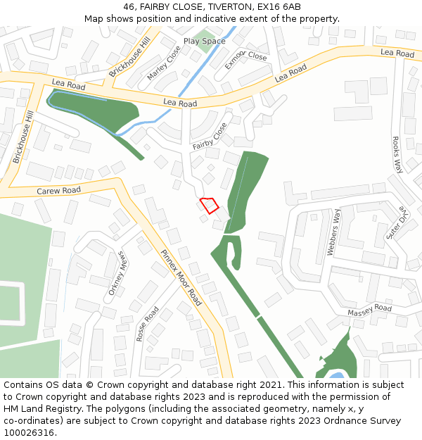 46, FAIRBY CLOSE, TIVERTON, EX16 6AB: Location map and indicative extent of plot