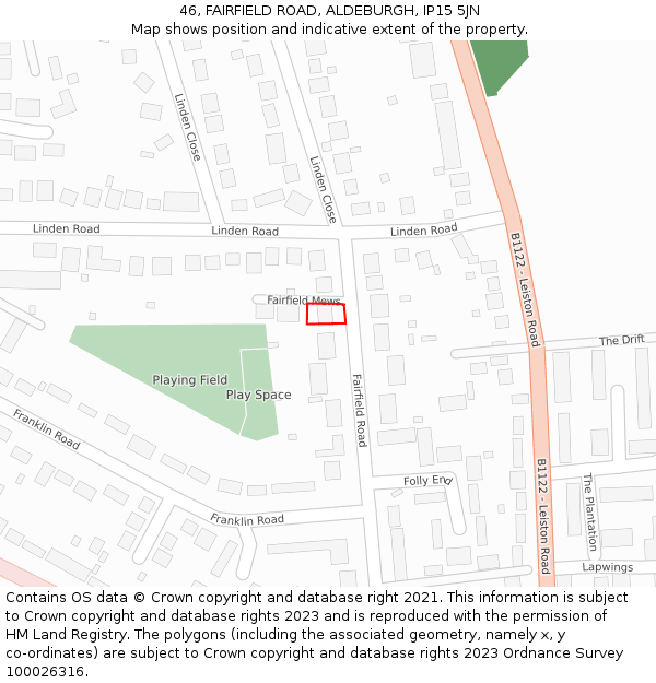 46, FAIRFIELD ROAD, ALDEBURGH, IP15 5JN: Location map and indicative extent of plot