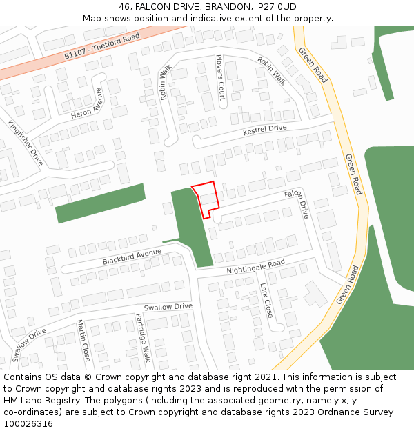 46, FALCON DRIVE, BRANDON, IP27 0UD: Location map and indicative extent of plot