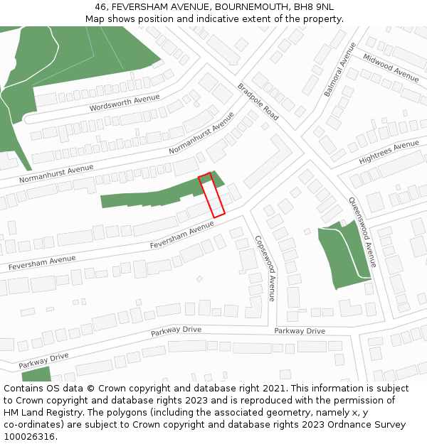 46, FEVERSHAM AVENUE, BOURNEMOUTH, BH8 9NL: Location map and indicative extent of plot
