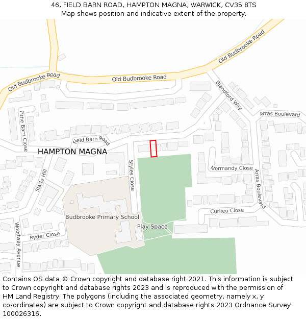 46, FIELD BARN ROAD, HAMPTON MAGNA, WARWICK, CV35 8TS: Location map and indicative extent of plot