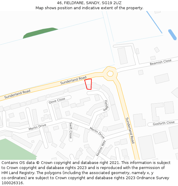 46, FIELDFARE, SANDY, SG19 2UZ: Location map and indicative extent of plot