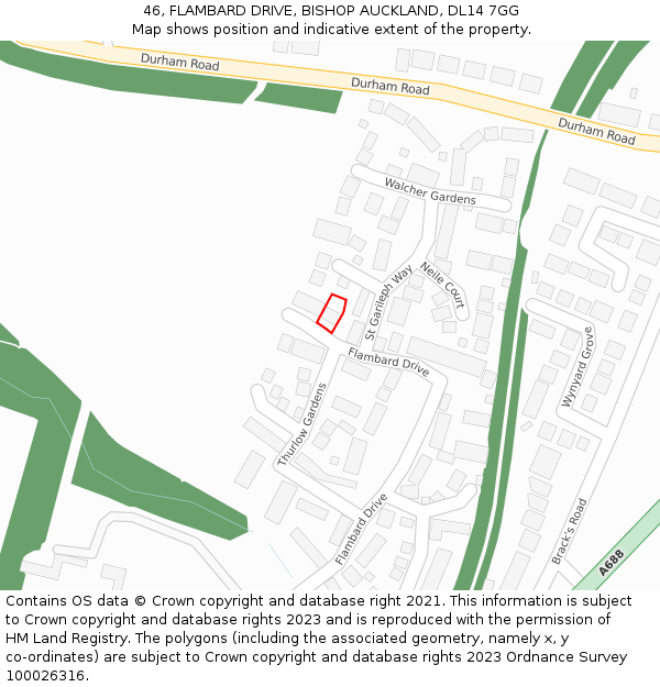 46, FLAMBARD DRIVE, BISHOP AUCKLAND, DL14 7GG: Location map and indicative extent of plot