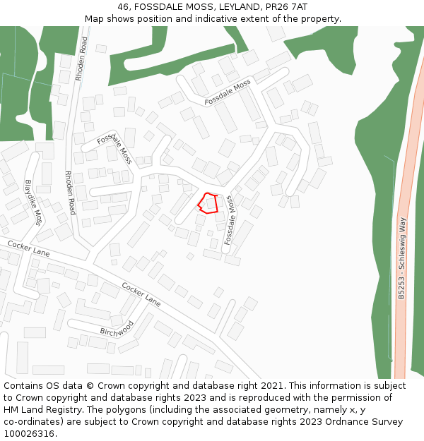 46, FOSSDALE MOSS, LEYLAND, PR26 7AT: Location map and indicative extent of plot