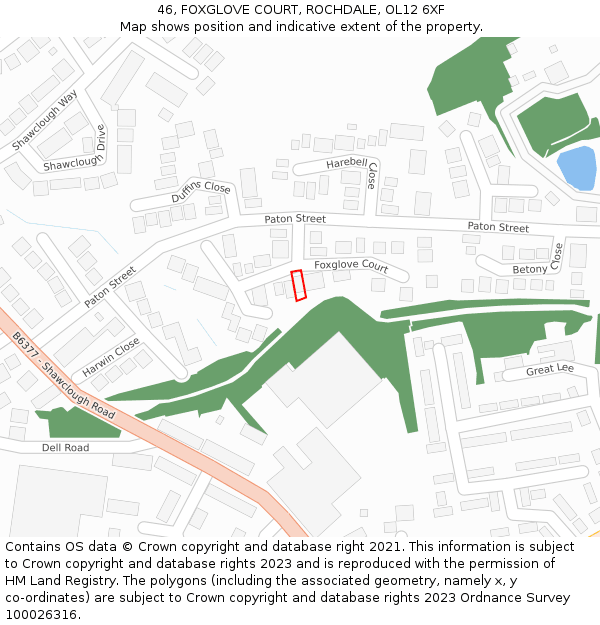 46, FOXGLOVE COURT, ROCHDALE, OL12 6XF: Location map and indicative extent of plot