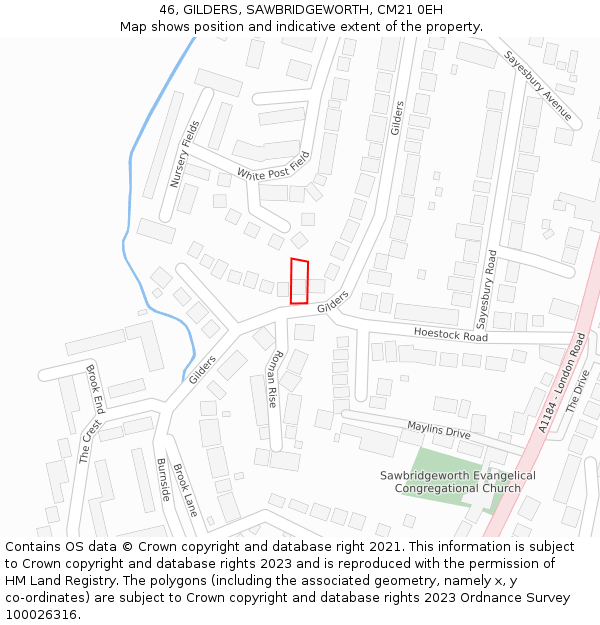 46, GILDERS, SAWBRIDGEWORTH, CM21 0EH: Location map and indicative extent of plot