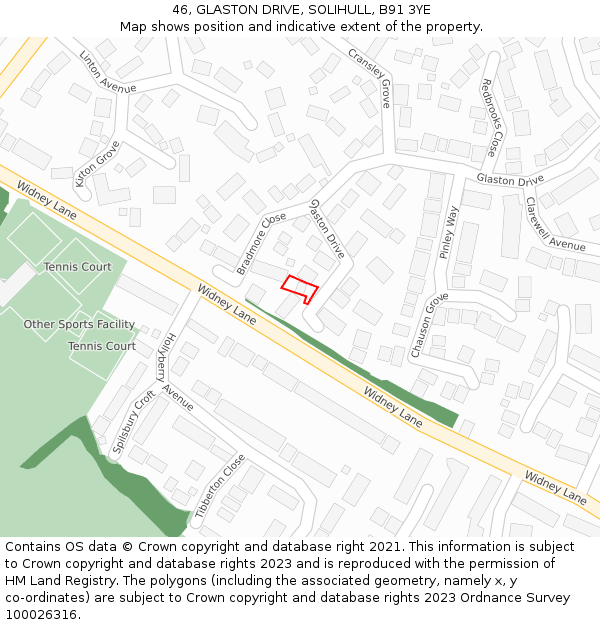 46, GLASTON DRIVE, SOLIHULL, B91 3YE: Location map and indicative extent of plot