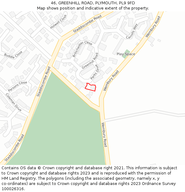 46, GREENHILL ROAD, PLYMOUTH, PL9 9FD: Location map and indicative extent of plot