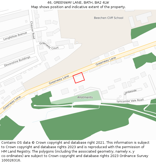 46, GREENWAY LANE, BATH, BA2 4LW: Location map and indicative extent of plot