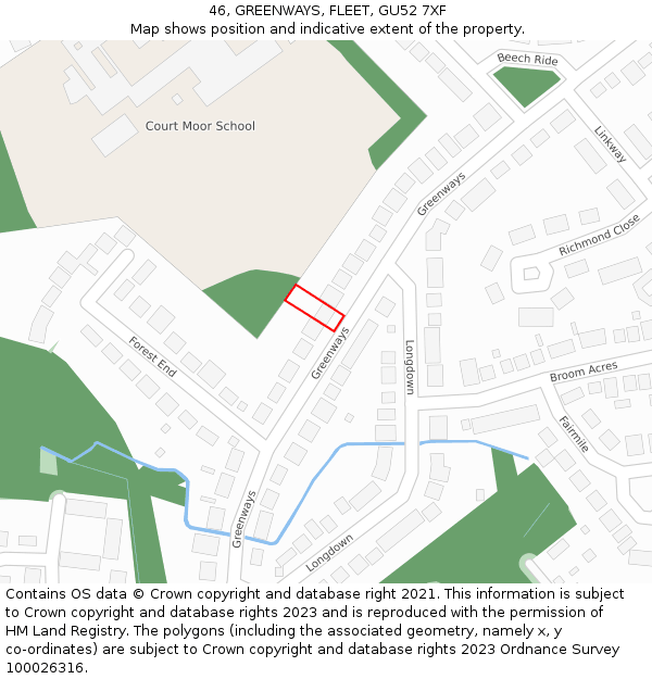 46, GREENWAYS, FLEET, GU52 7XF: Location map and indicative extent of plot