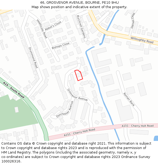 46, GROSVENOR AVENUE, BOURNE, PE10 9HU: Location map and indicative extent of plot