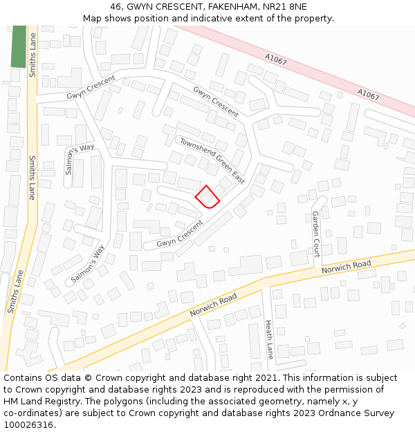 46, GWYN CRESCENT, FAKENHAM, NR21 8NE: Location map and indicative extent of plot