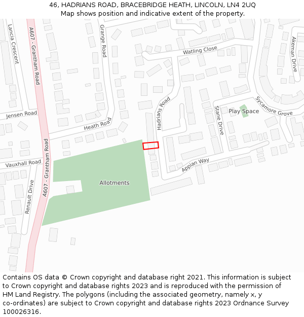 46, HADRIANS ROAD, BRACEBRIDGE HEATH, LINCOLN, LN4 2UQ: Location map and indicative extent of plot