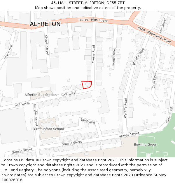 46, HALL STREET, ALFRETON, DE55 7BT: Location map and indicative extent of plot