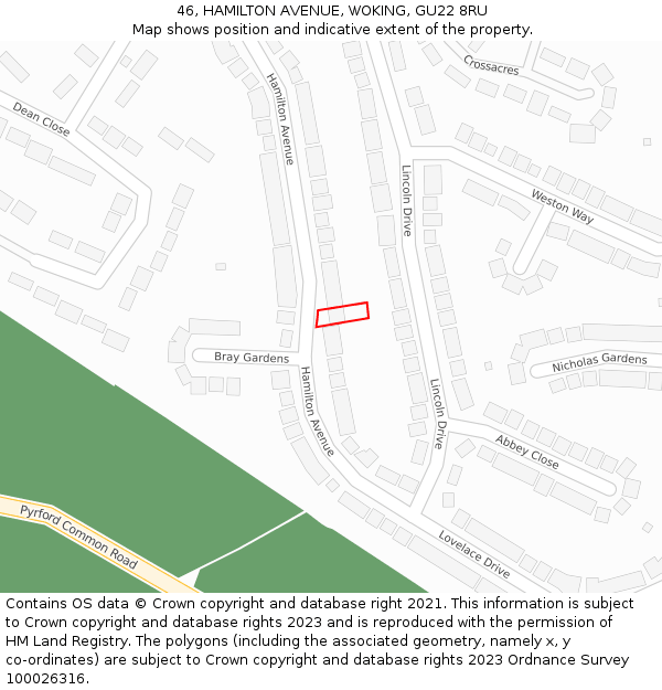 46, HAMILTON AVENUE, WOKING, GU22 8RU: Location map and indicative extent of plot