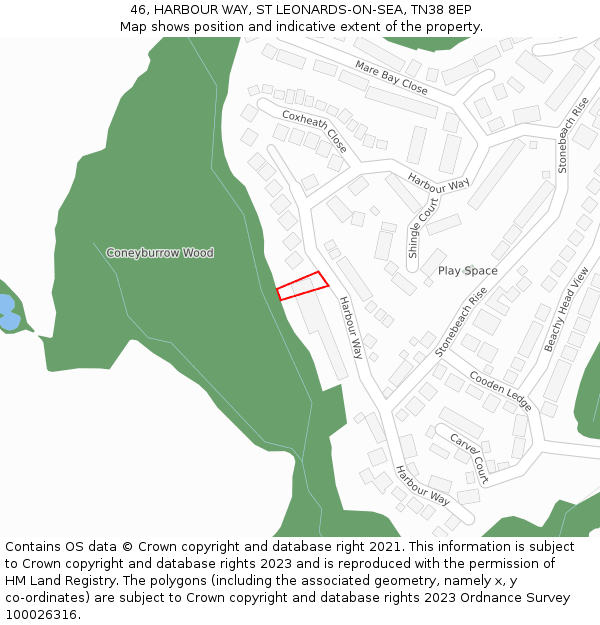 46, HARBOUR WAY, ST LEONARDS-ON-SEA, TN38 8EP: Location map and indicative extent of plot