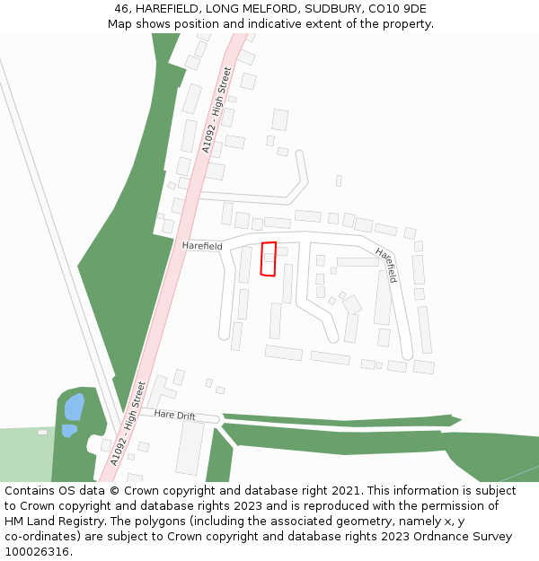 46, HAREFIELD, LONG MELFORD, SUDBURY, CO10 9DE: Location map and indicative extent of plot